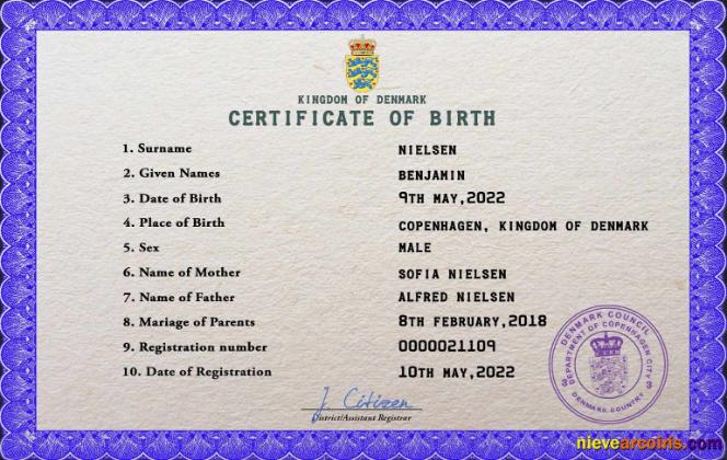 Editable Denmark Birth Certificate PSD Template