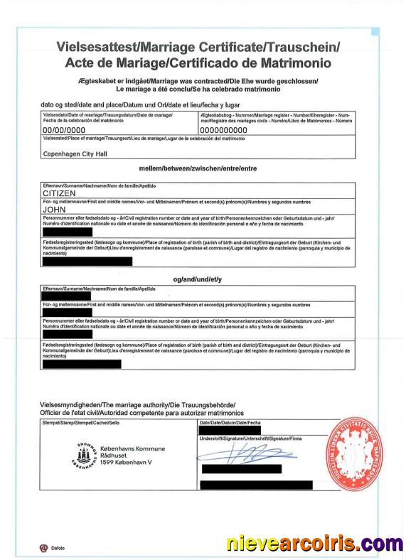 Denmark International Marriage Certificate Preview
