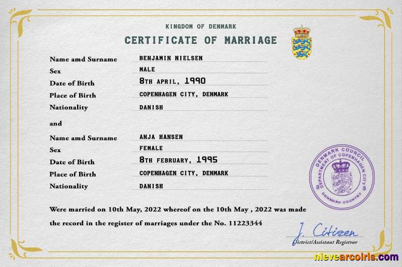 Editable Denmark Marriage Certificate PSD Template