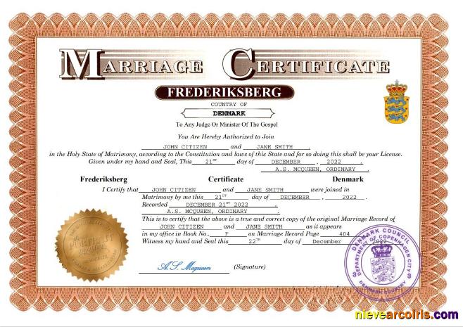 Professional Denmark Marriage Certificate Word And PDF Template