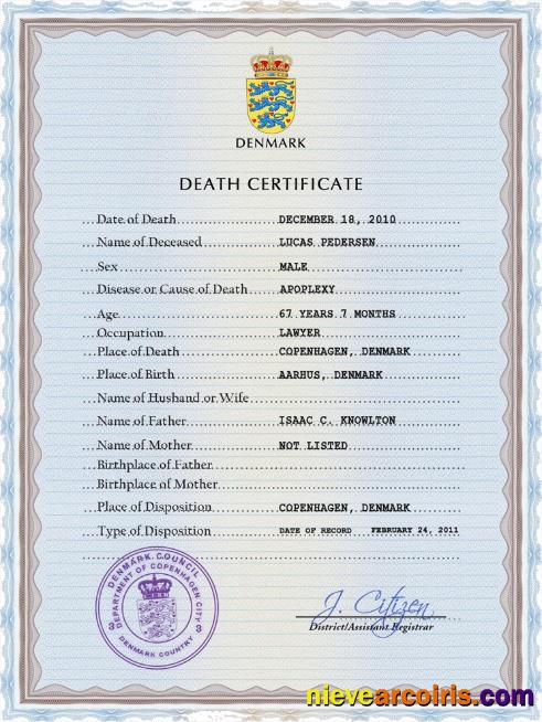 Premium Denmark Vital Record Death Certificate PSD Template