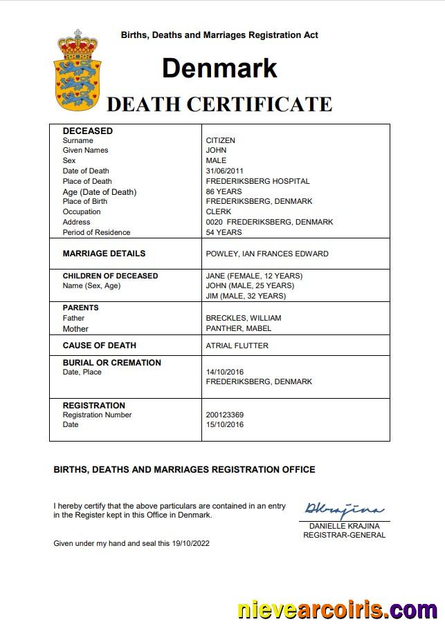 Premium Denmark Vital Record Death Certificate Word And PDF Template