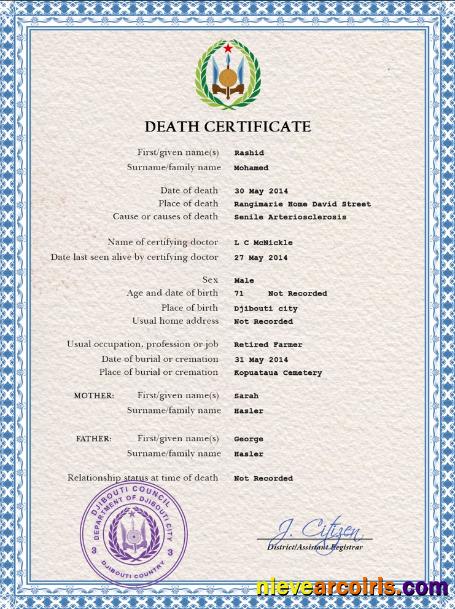 Premium Djibouti Death Certificate PSD Template