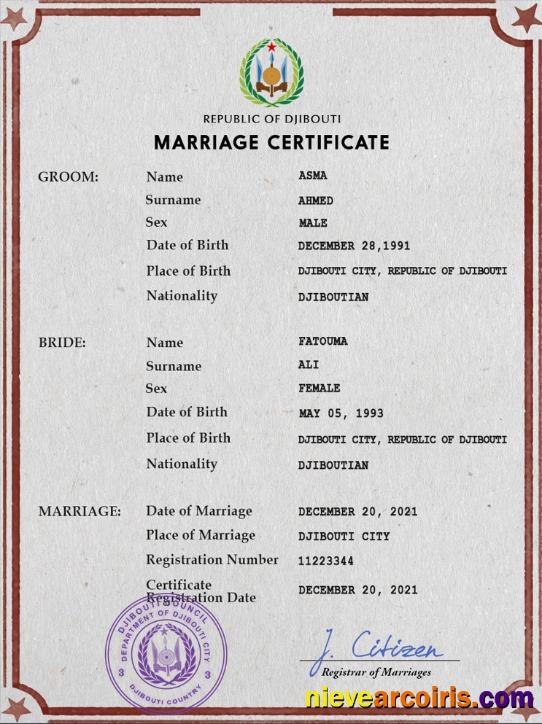 Premium Djibouti Marriage Certificate PSD Template