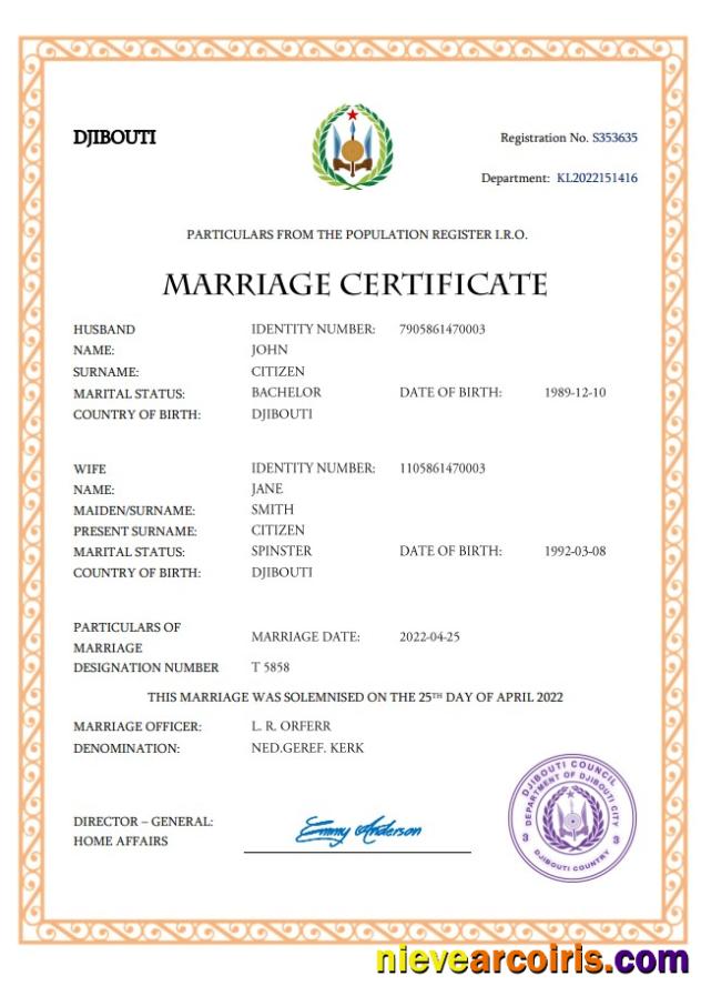 Professional Djibouti Marriage Certificate Word And PDF Template