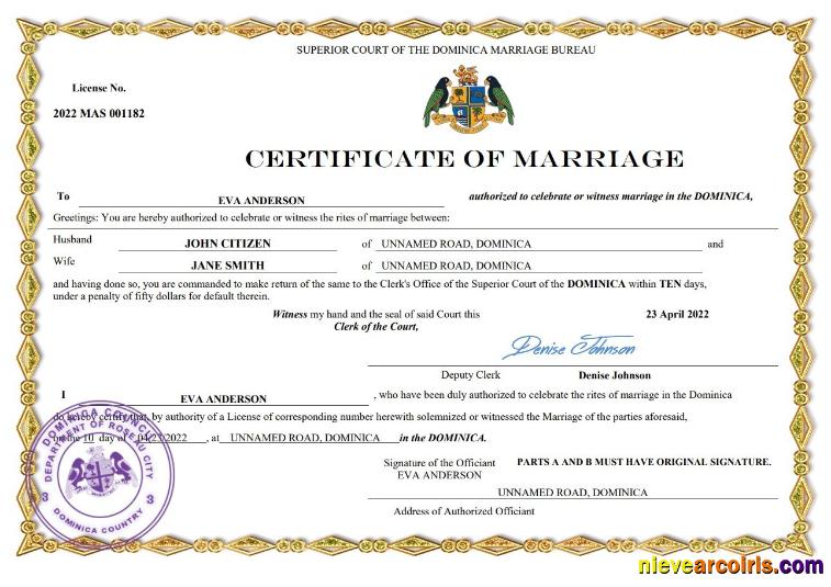 Realistic Dominica Marriage Certificate Word And PDF Template