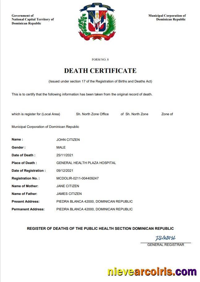 Editable Dominican Republic Death Certificate Word And PDF Template