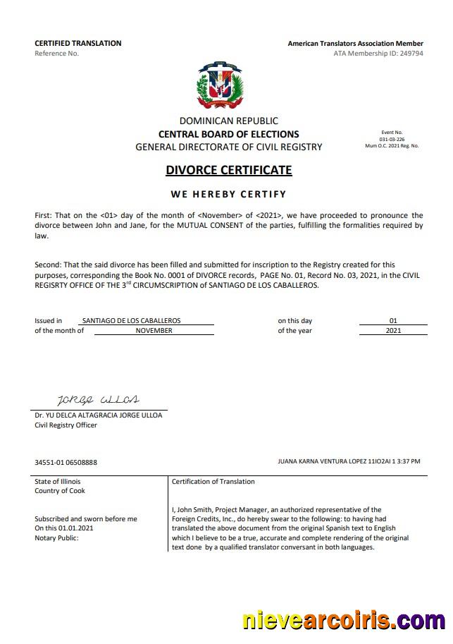 Professional Dominican Republic Divorce Certificate Template In Word Format