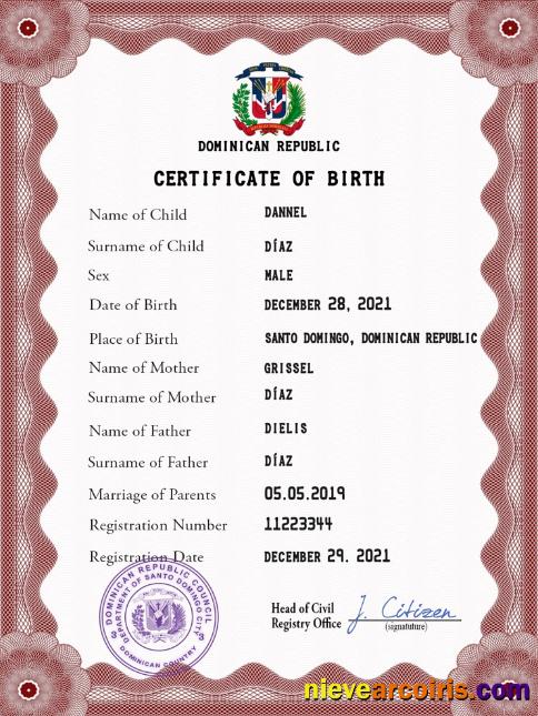 Dominican Republic Vital Record Birth Certificate PSD Template