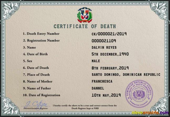 Premium Dominican Republic Vital Record Death Certificate PSD Template