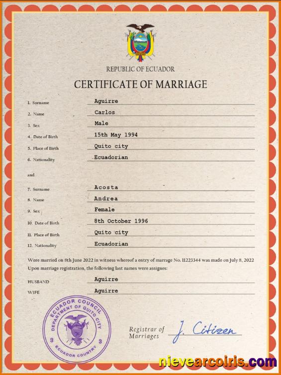 Professional Ecuador Marriage Certificate PSD Template