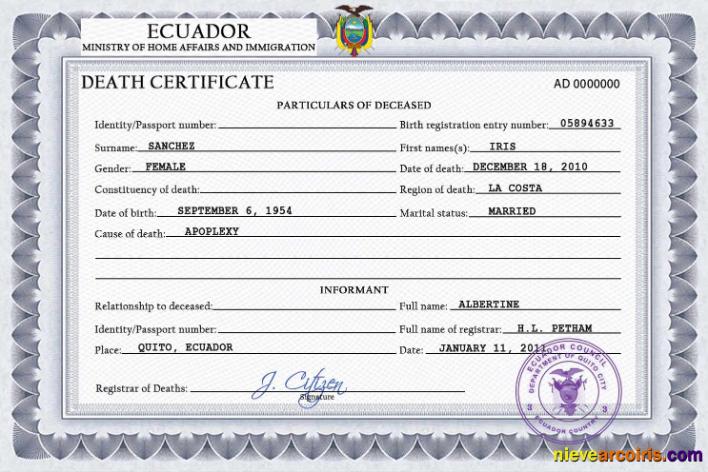 Editable Ecuador Vital Record Death Certificate PSD Template