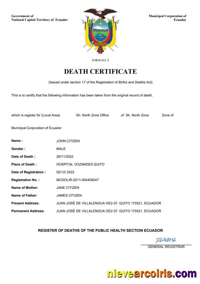 Realistic Ecuador Vital Record Death Certificate Word And PDF Template