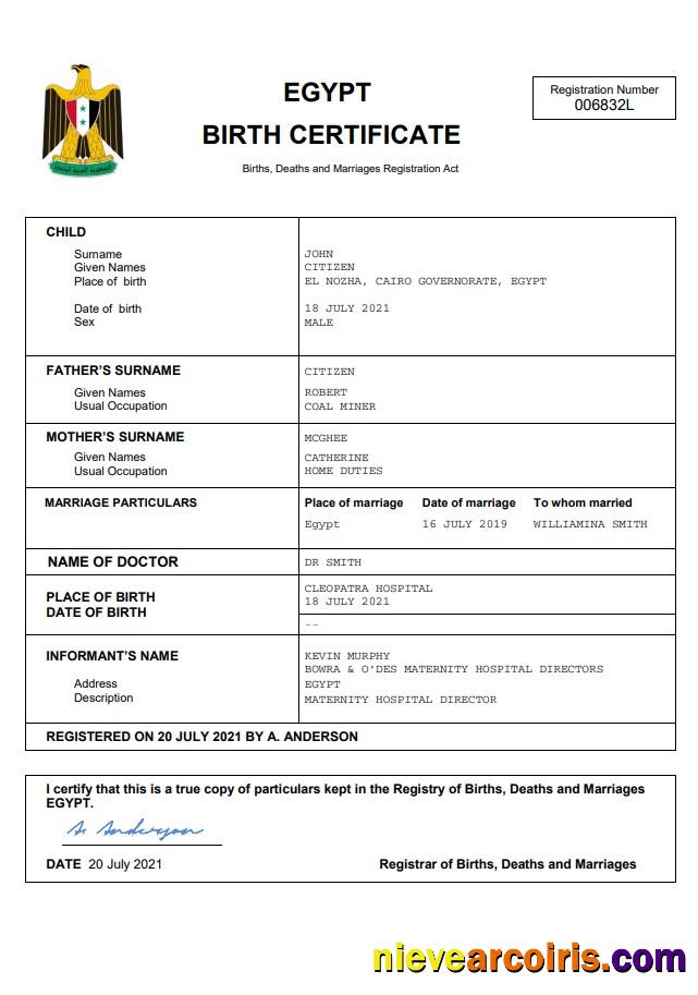 Editable Egypt Birth Certificate Word And PDF Template