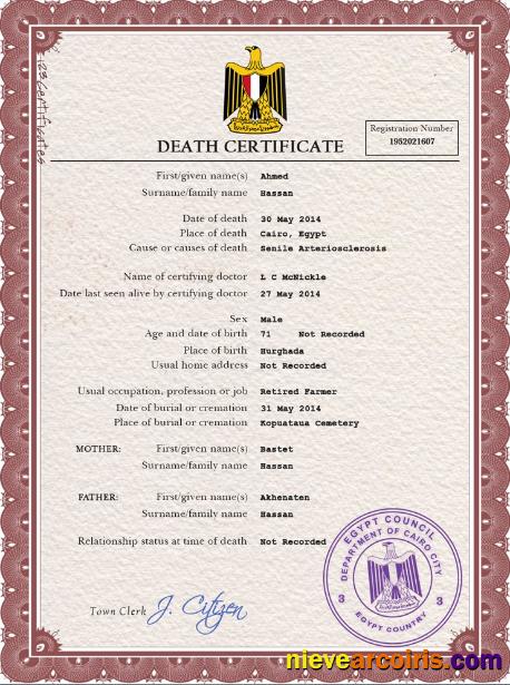 Realistic Egypt Death Certificate PSD Template