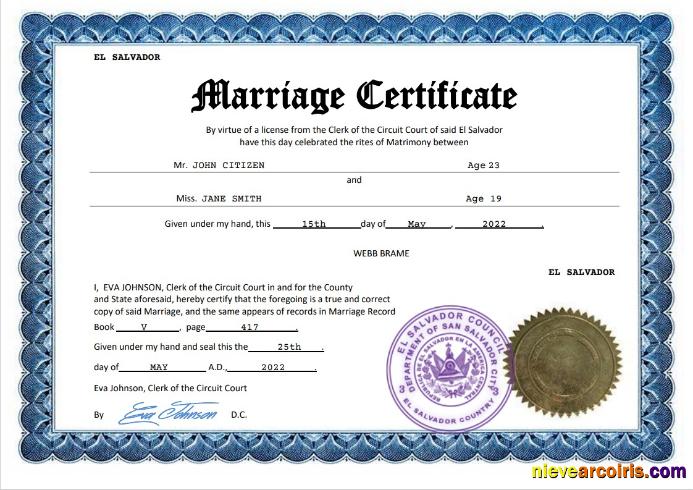 Realistic El Salvador Marriage Certificate Word And PDF Template