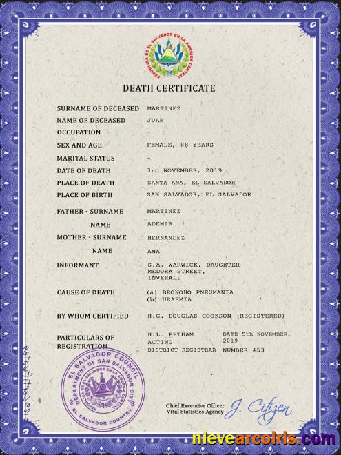 Editable El Salvador Vital Record Death Certificate PSD Template