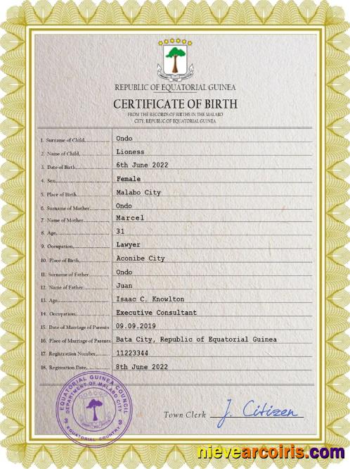 Premium Equatorial Guinea Birth Certificate PSD Template
