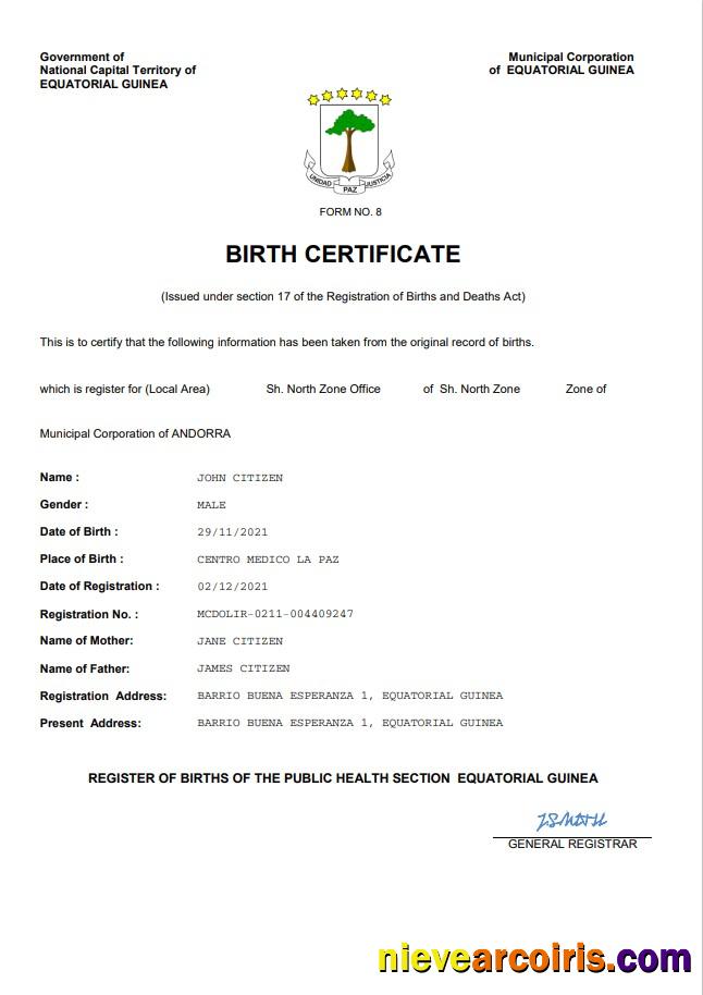 Professional Equatorial Guinea Birth Certificate Word And PDF Template