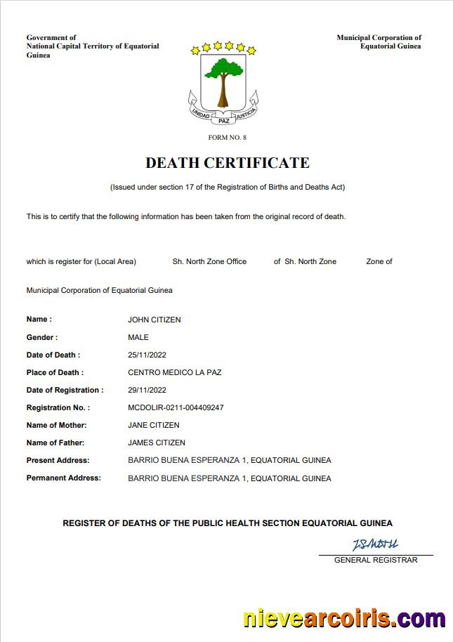 Editable Equatorial Guinea Death Certificate Word And PDF Template