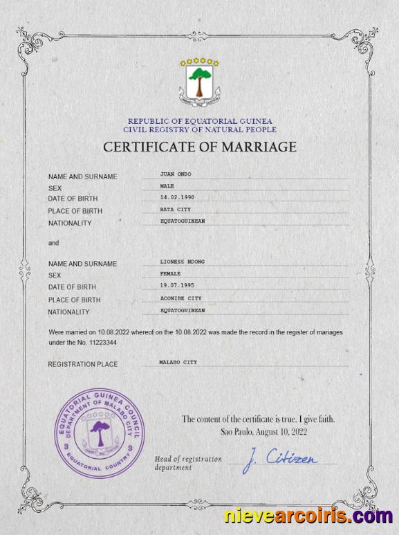 Editable Equatorial Guinea Marriage Certificate PSD Template