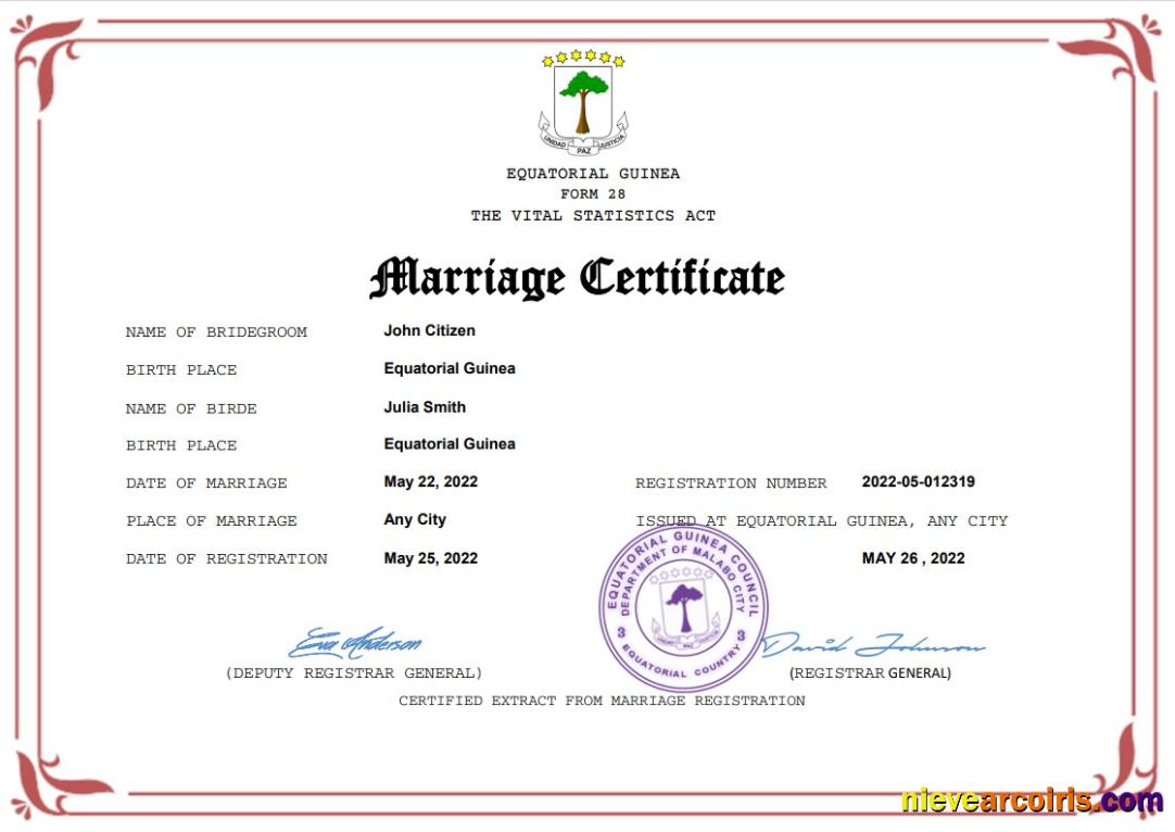 Realistic Equatorial Guinea Marriage Certificate Word And PDF Template