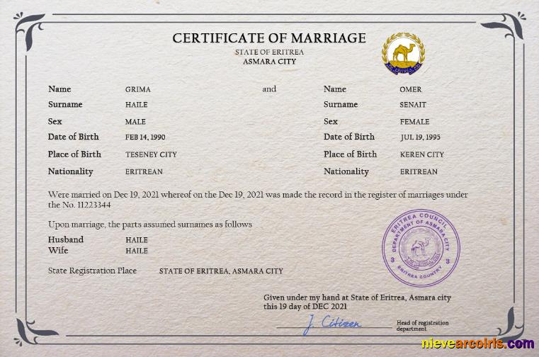 Premium Eritrea Marriage Certificate PSD Template