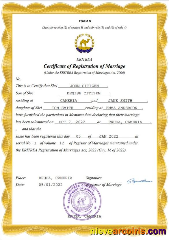Premium Eritrea Marriage Certificate Word And PDF Template