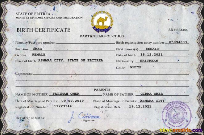 Editable Eritrea Vital Record Birth Certificate PSD Template