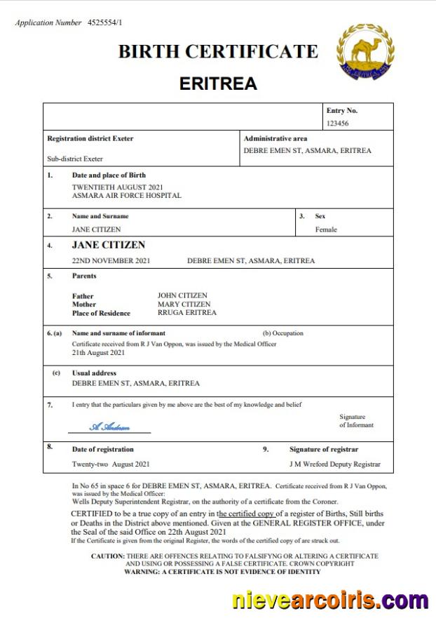 Editable Eritrea Vital Record Birth Certificate Word And PDF Template