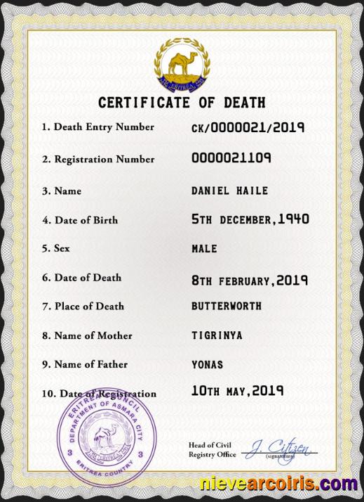 Editable Eritrea Vital Record Death Certificate PSD Template