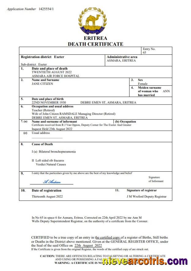Realistic Eritrea Vital Record Death Certificate Word And PDF Template