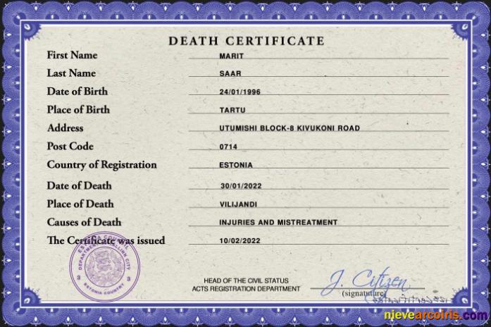 Editable Estonia Death Certificate PSD Template