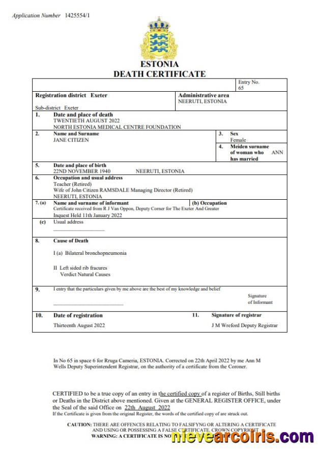 Professional Estonia Death Certificate Word And PDF Template