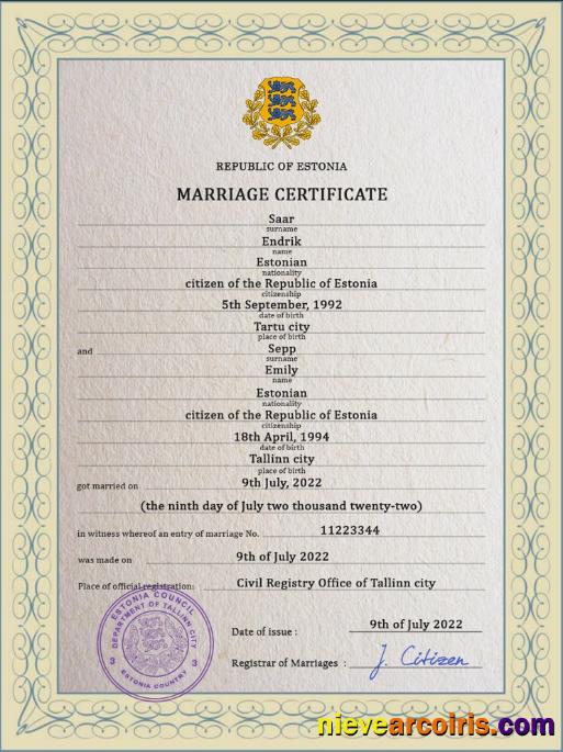 Premium Estonia Marriage Certificate PSD Template