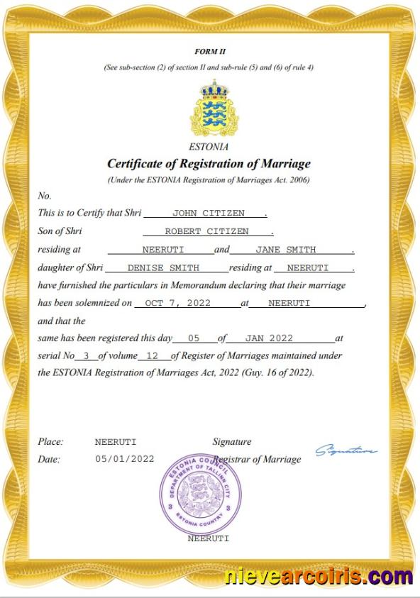 Editable Estonia Marriage Certificate Word And PDF Template