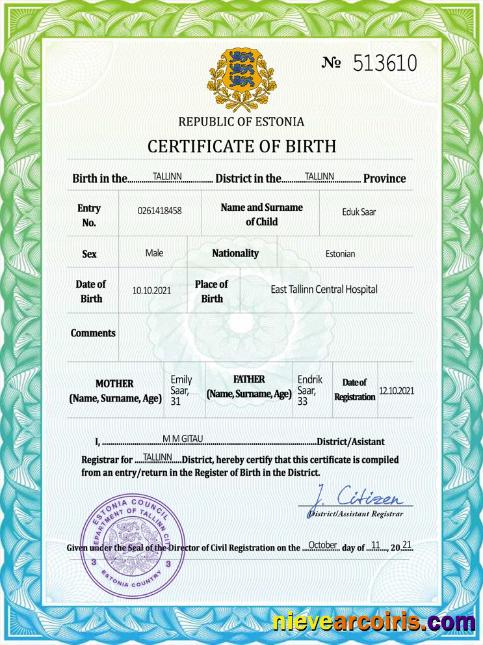 Editable Estonia Vital Record Birth Certificate PSD Template