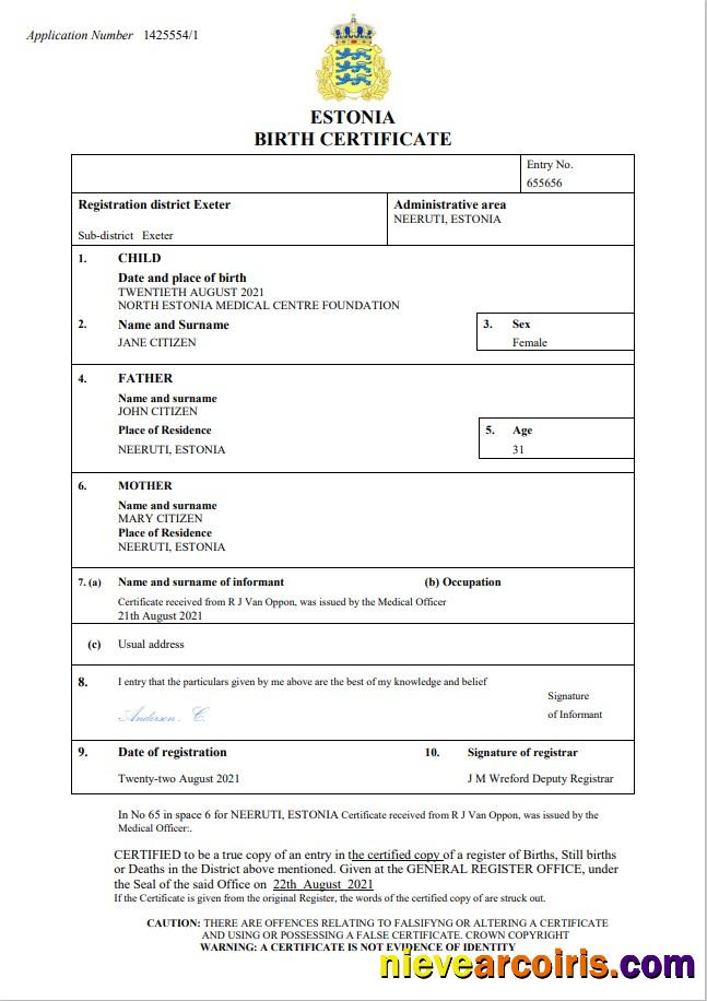 Realistic Estonia Vital Record Birth Certificate Word And PDF Template