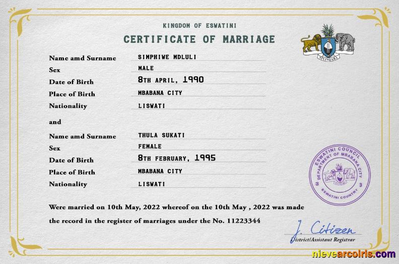 Premium Eswatini Marriage Certificate PSD Template