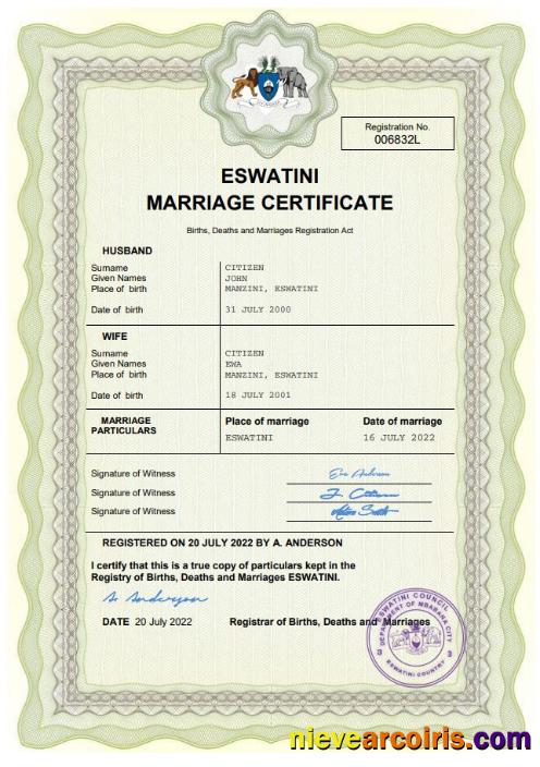 Professional Eswatini Marriage Certificate Word And PDF Template