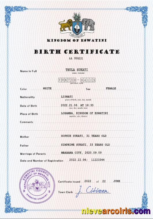 Premium Eswatini Vital Record Birth Certificate PSD Template