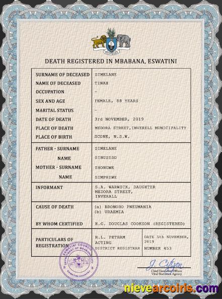 Realistic Eswatini Vital Record Death Certificate PSD Template