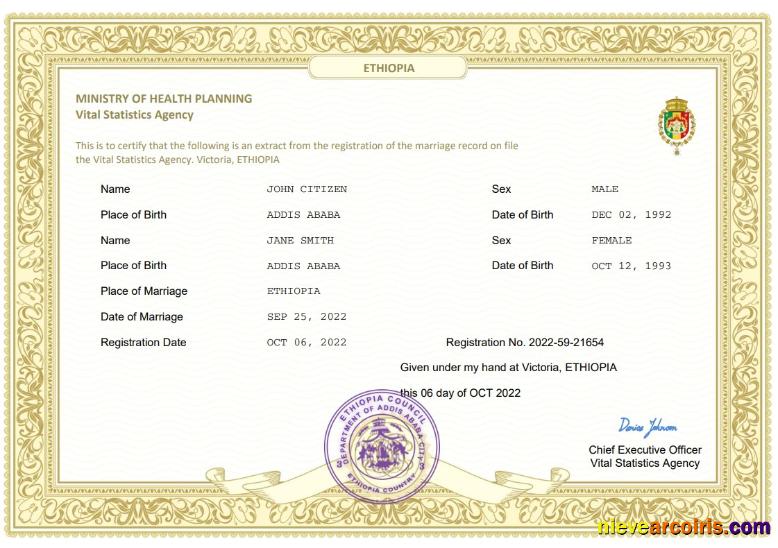 Professional Ethiopia Marriage Certificate Word And PDF Template