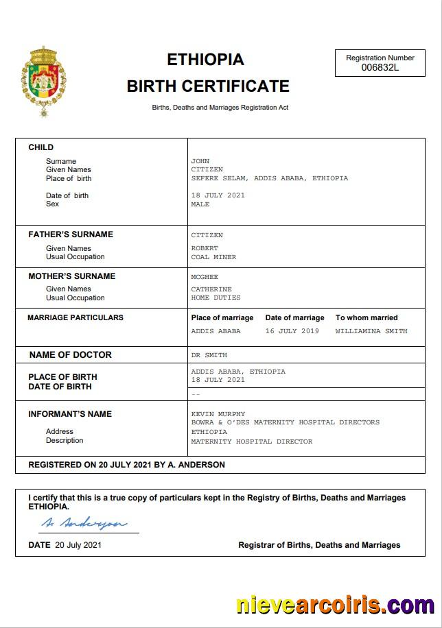 Realistic Ethiopia Vital Record Birth Certificate Word And PDF Template