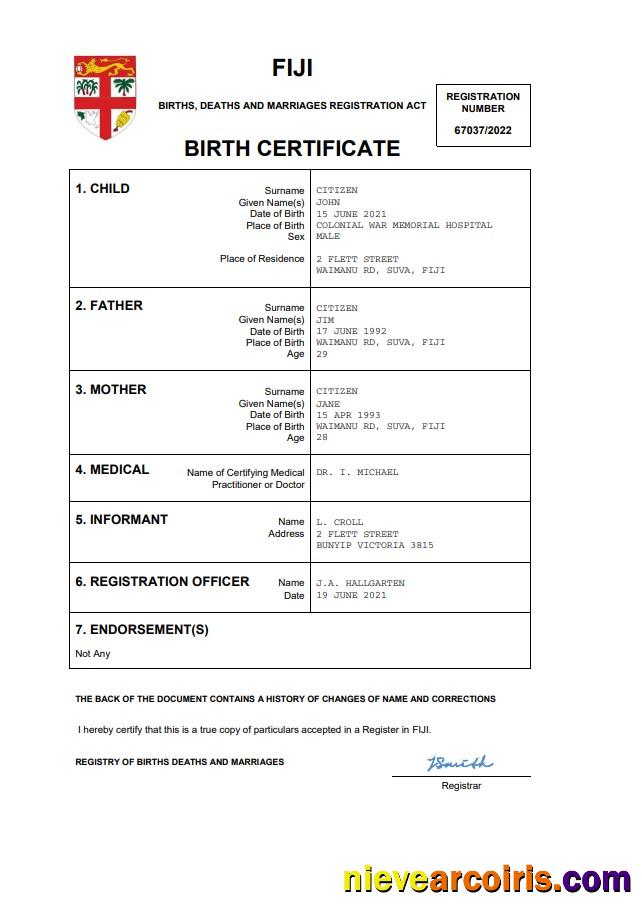 Premium Fiji Birth Certificate Word And PDF Template