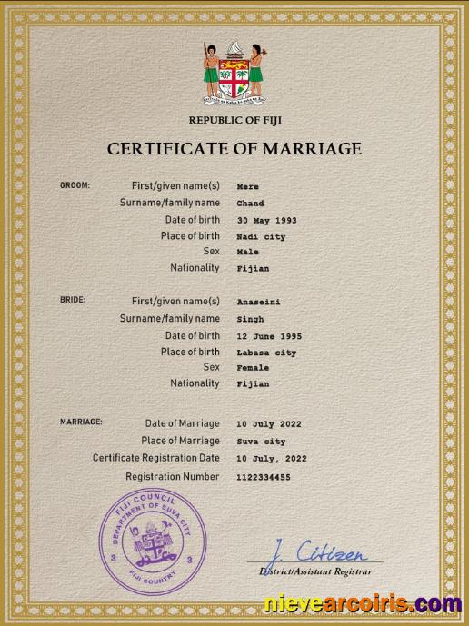 Realistic Fiji Marriage Certificate PSD Template