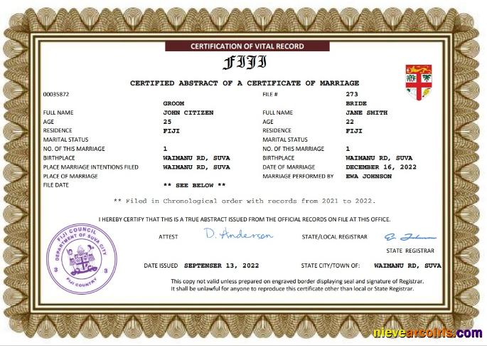 Editable Fiji Marriage Certificate Word And PDF Template