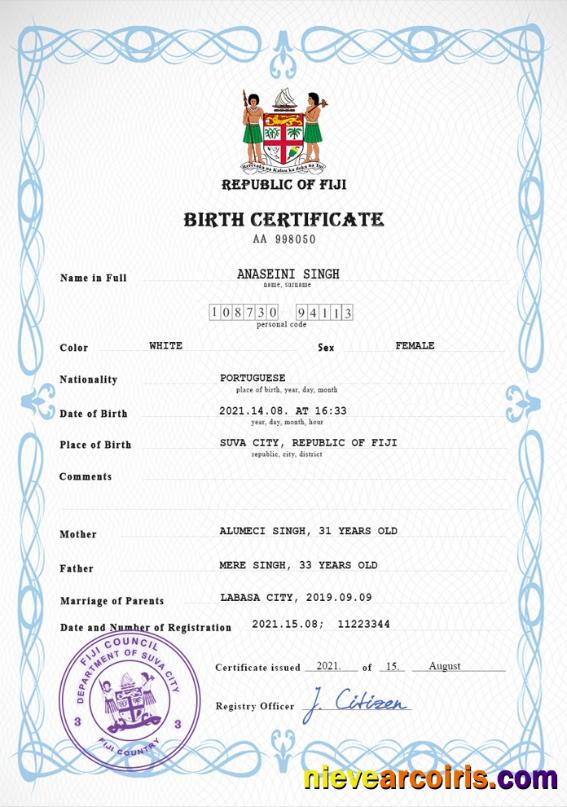Realistic Fiji Vital Record Birth Certificate PSD Template