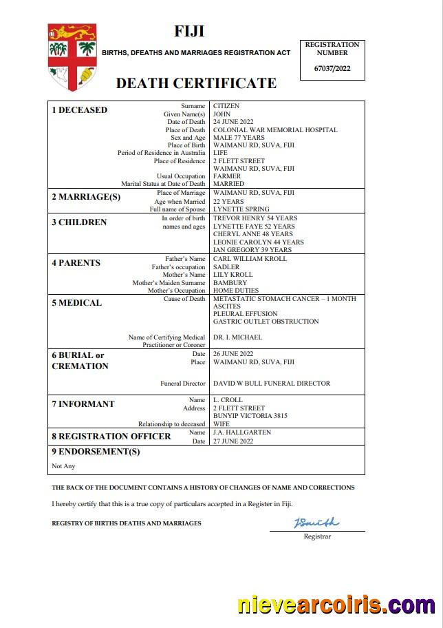 Editable Fiji Vital Record Death Certificate Word And PDF Template