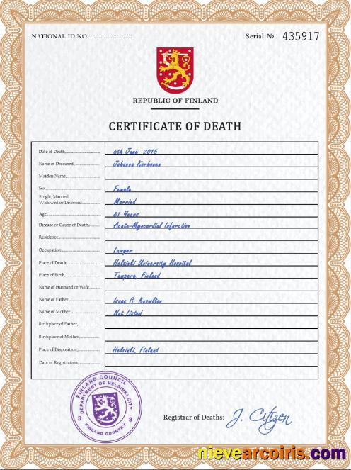 Professional Finland Death Certificate PSD Template